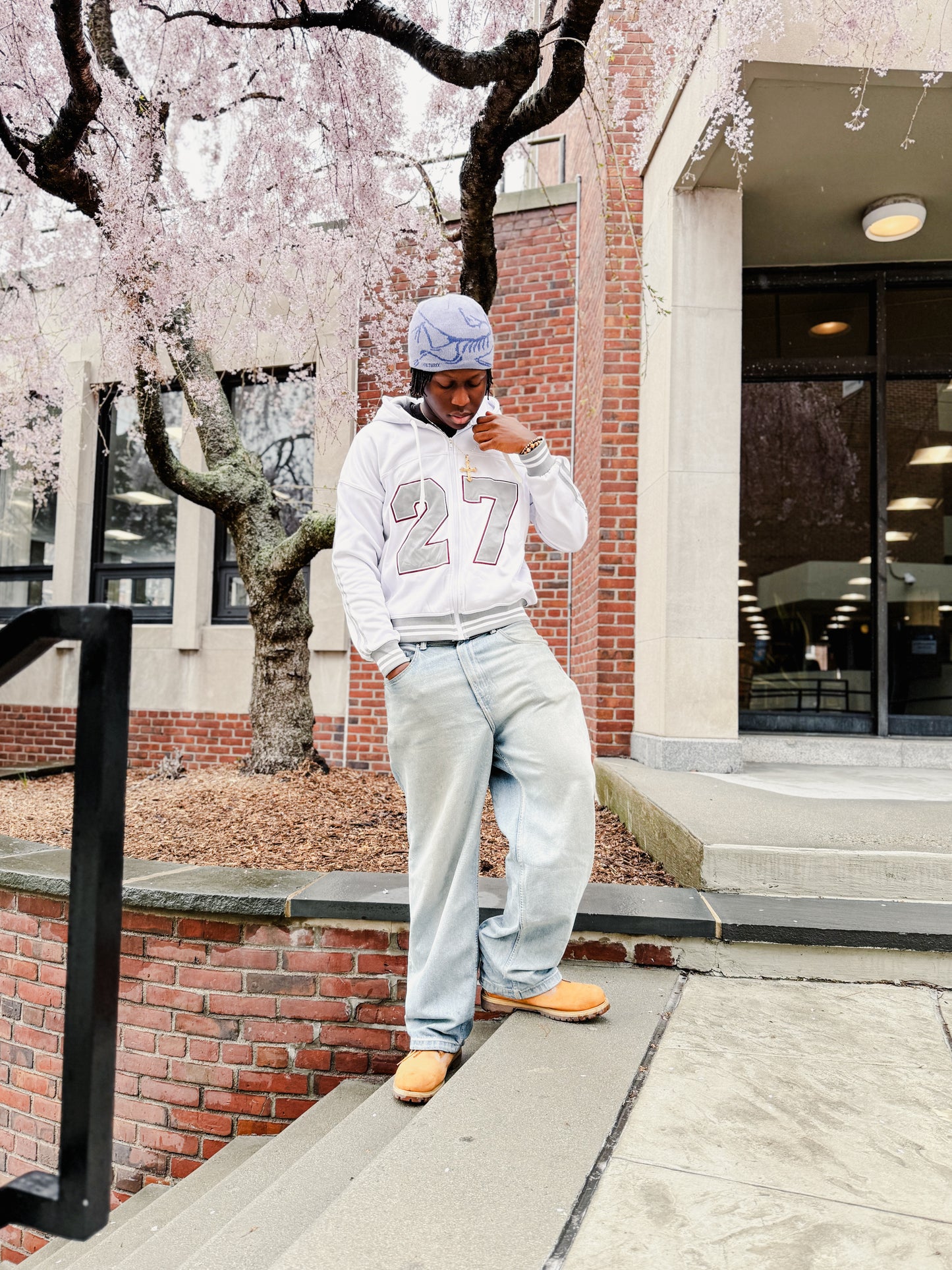 Varsity Football Zip Up Hooded Sweatshirt White